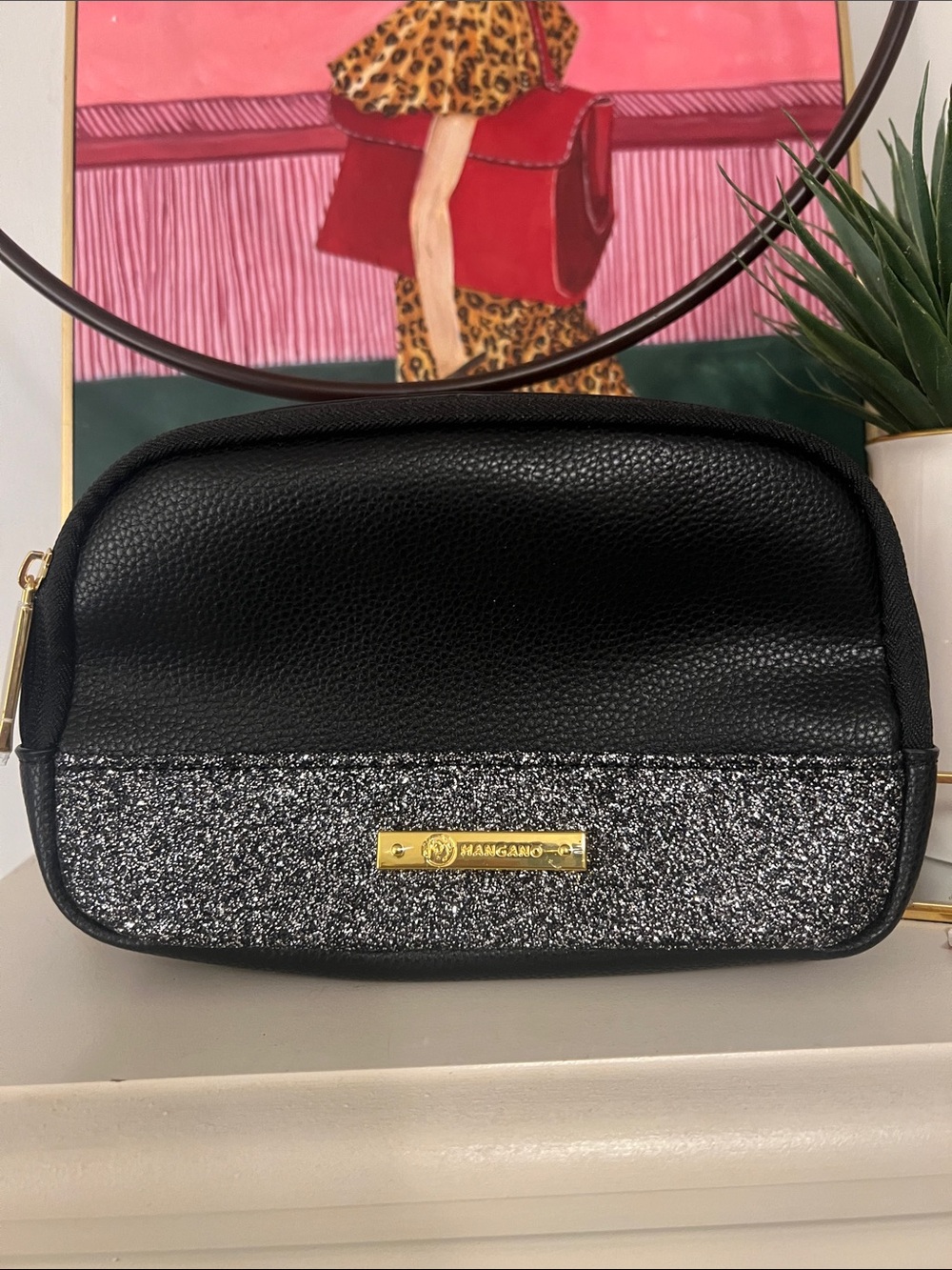 Joy Mangano Black Leather crossbody/waist bag with Silver Glitter Accent